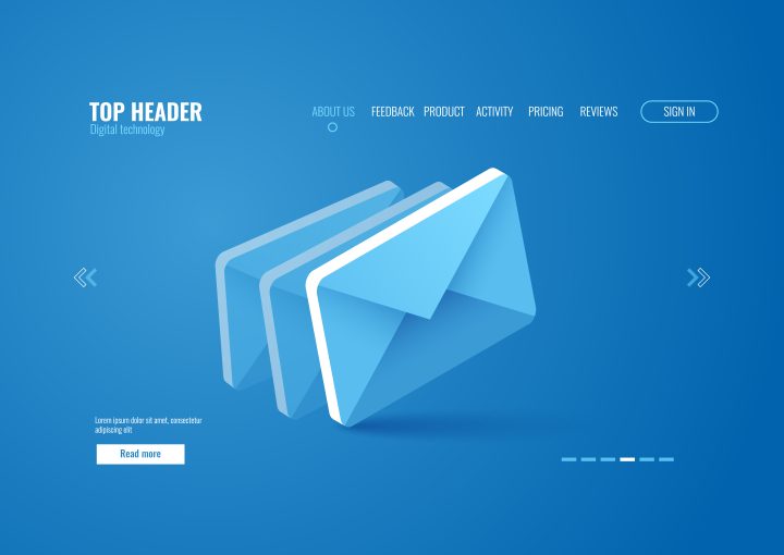 Email icon isometric, website page template vector on blue